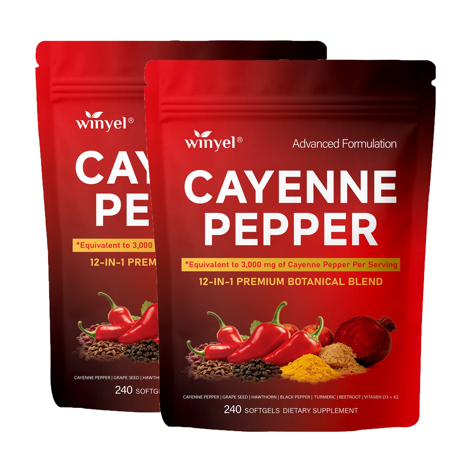 Pair of Cayenne Pepper supplement pouches, red bags with “CAYENNE PEPPER” label.