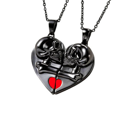 Punk Retro Skull Pendant Halloween Heart-shaped Magnetic Stitching Love Skull Couple Necklace