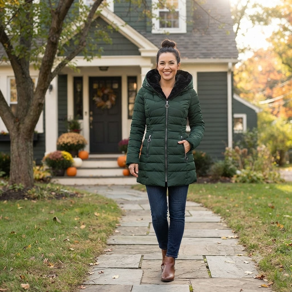 Hooded quilted puffer jacket, dark green, full-zip front and long sleeves.