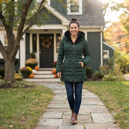 Hooded quilted puffer jacket, dark green, full-zip front and long sleeves.