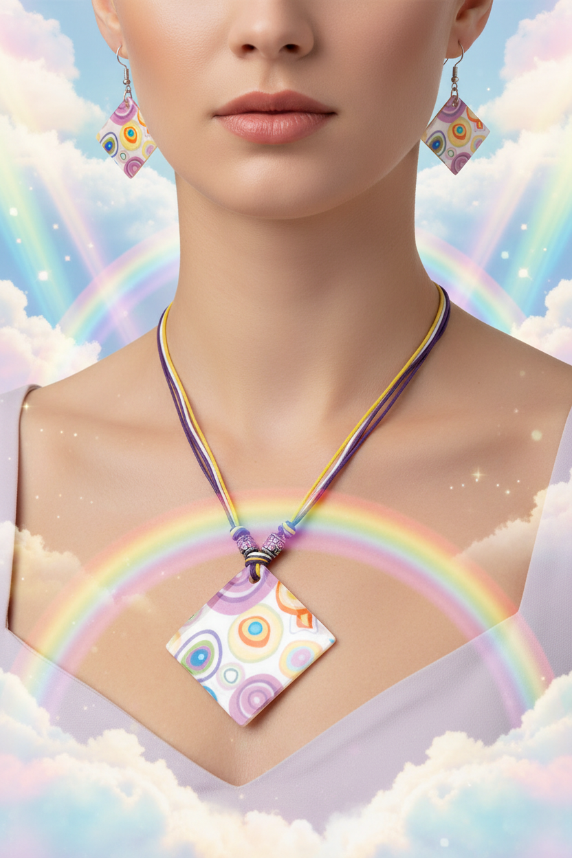 Shell necklace and drop earring set with multicolor circle earrings and diamond pendant