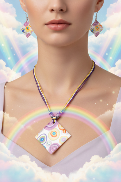Shell necklace and drop earring set with multicolor circle earrings and diamond pendant