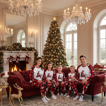 Matching Christmas deer print pajama set, white tops with red/black plaid pants for family.