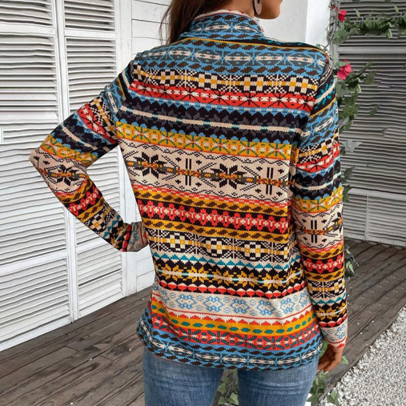 Women's High Neck Geometric Print Long Sleeve Top With Tie Detail - Stylish Casual Blouse