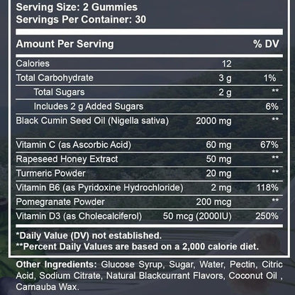 Supplement facts panel listing nutrients and ingredients for black seed oil gummies