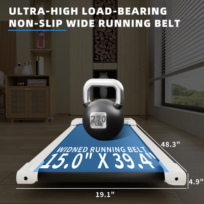 White treadmill front showing wide non-slip belt with max load weight indicator