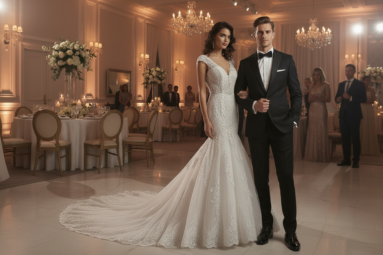 White mermaid wedding dress with lace details, fitted silhouette, and extended train.
