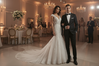 White mermaid wedding dress with lace details, fitted silhouette, and extended train.