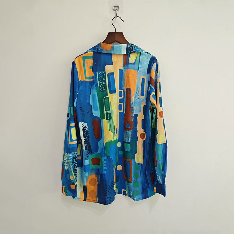 Women's Lapel Collar Printed Long Sleeve Shirt - Vibrant Colorful Pattern Button-Up Blouse Stylish