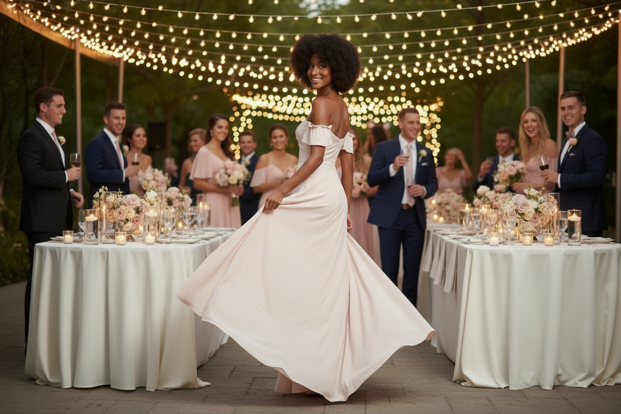 Blush bridesmaid dress in motion with spaghetti straps and flowing skirt with slit