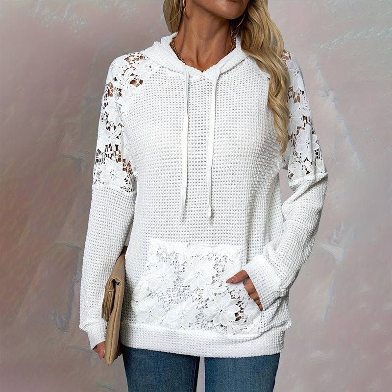 Women's Solid Color Casual Sweatshirt With Lace-Trimmed Sheer Sleeves & Large Lace Pockets, Pullover Hoodie