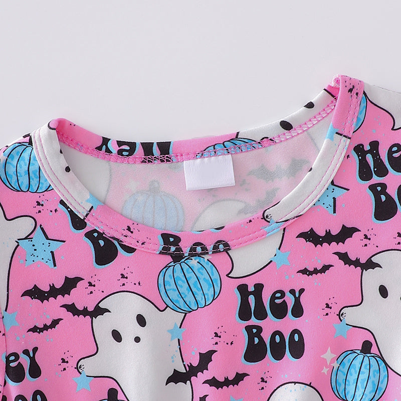 3pcs Toddler Girl's Halloween Skull Ghost Bats Print Stretch Long Sleeve A-line Dresses