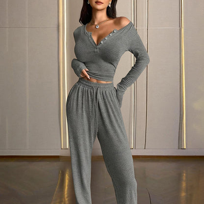 Women's Solid Color Fall&Winter Pants Set - Sexy V-Neck Button-Up Fitted Long Sleeve T-Shirt & High-Waist Flared Wide-Leg Stretchy Pants