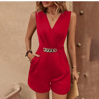 Women's Elegant Sleeveless V-Neck Jumpsuit Solid Color One-Piece With Belt Pockets & Metallic Chain Detail For Casual Wear
