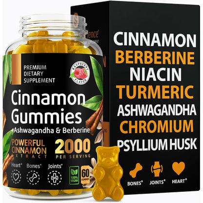 Cinnamon gummies supplement bottle and black product box with ingredient highlights