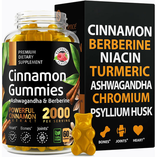 Cinnamon gummies supplement bottle and black product box with ingredient highlights
