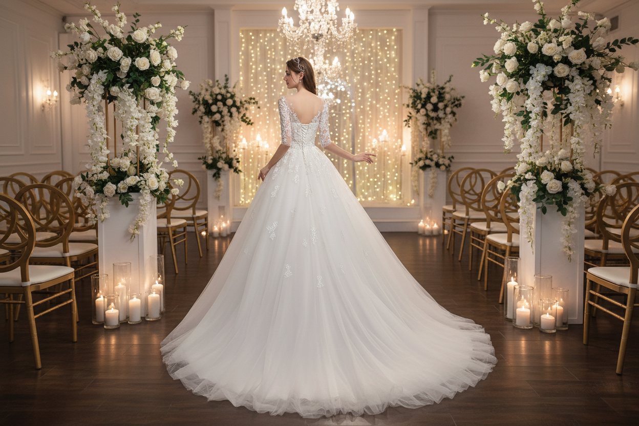 White lace wedding dress with long sleeves and cascading tulle back