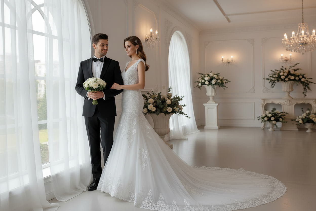 White lace mermaid wedding dress with illusion neckline and long train draped on floor.