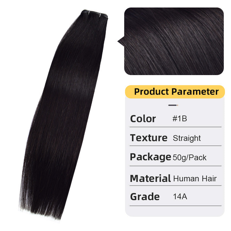 Straight real hair extension weft, deep black hair with stitched top