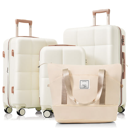 4-piece Suitcase Set With USB Port, Expandable ABS Durable Suitcase With Travel Bag, Cup Holder, With Spinner Wheels, Beige