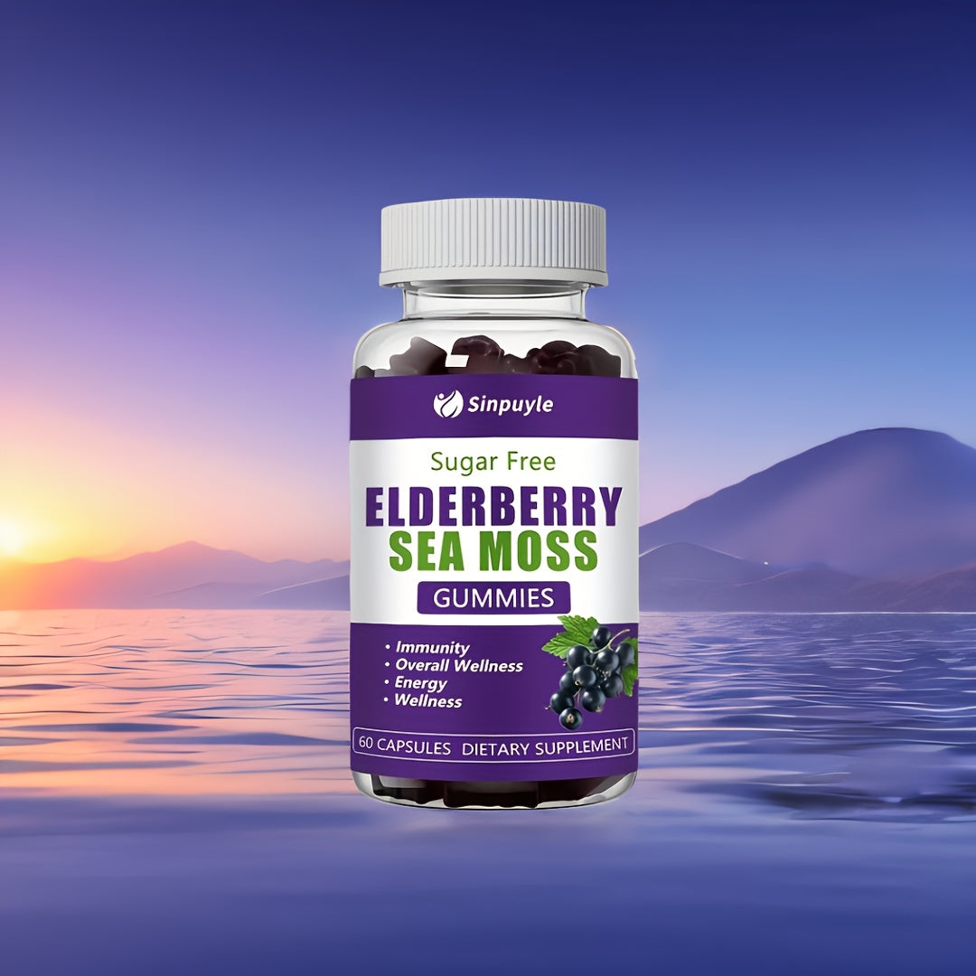 Sugar-free elderberry sea moss gummies bottle, purple label and white cap, Sinpuyile.