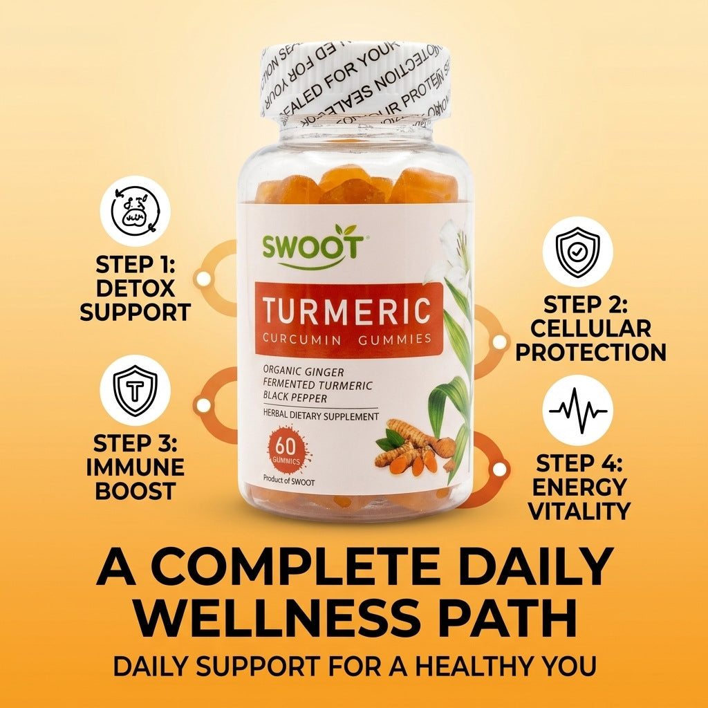 SwooT turmeric curcumin gummies bottle with multi-step wellness graphic