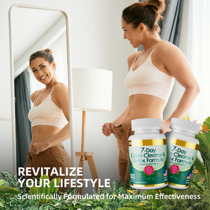 Colon cleanse supplement bottle with white cap and green-gold label held near two people