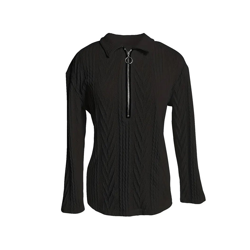 Women's Solid Color Textured Zip-Up Collared Long Sleeve Top - Casual Blouse With Stretchy Comfort Fit