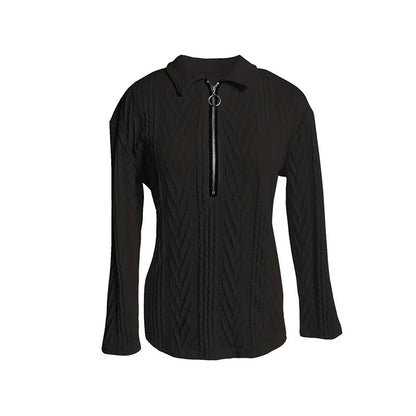 Women's Solid Color Textured Zip-Up Collared Long Sleeve Top - Casual Blouse With Stretchy Comfort Fit