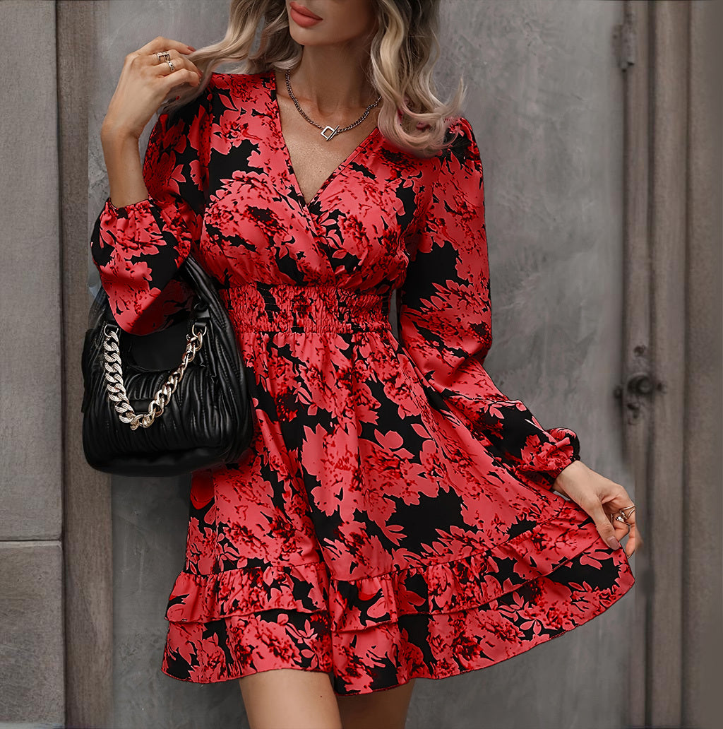 Women's Elegant Printed Lantern Sleeve A-Line, V-Neck, Ruffled Gathered Waist Detail, Flowy Midi Dress For Casual & Formal Occasions