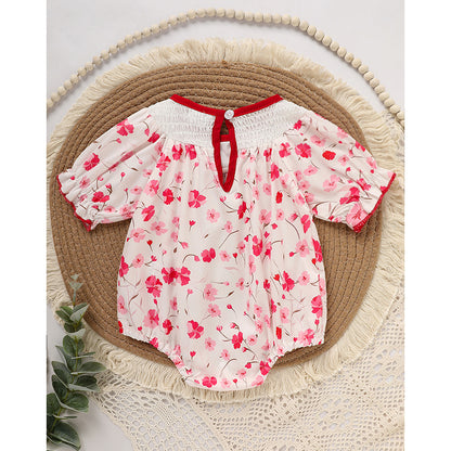 Infant Floral Smocked Romper 'DADDY'S Girl' Embroidery Short Sleeve Crew Neck Adorable Princess Party Bodysuit