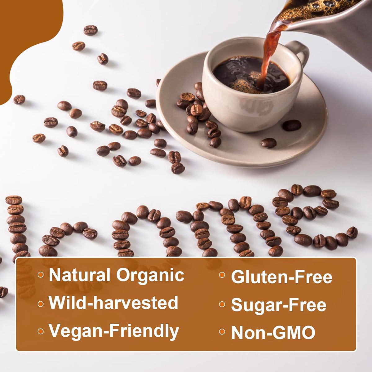 Mushroom coffee powder in cup with coffee beans and natural organic badge