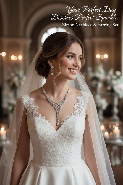 Zircon necklace and earring set with silver-toned zircon teardrop necklace and drop earrings