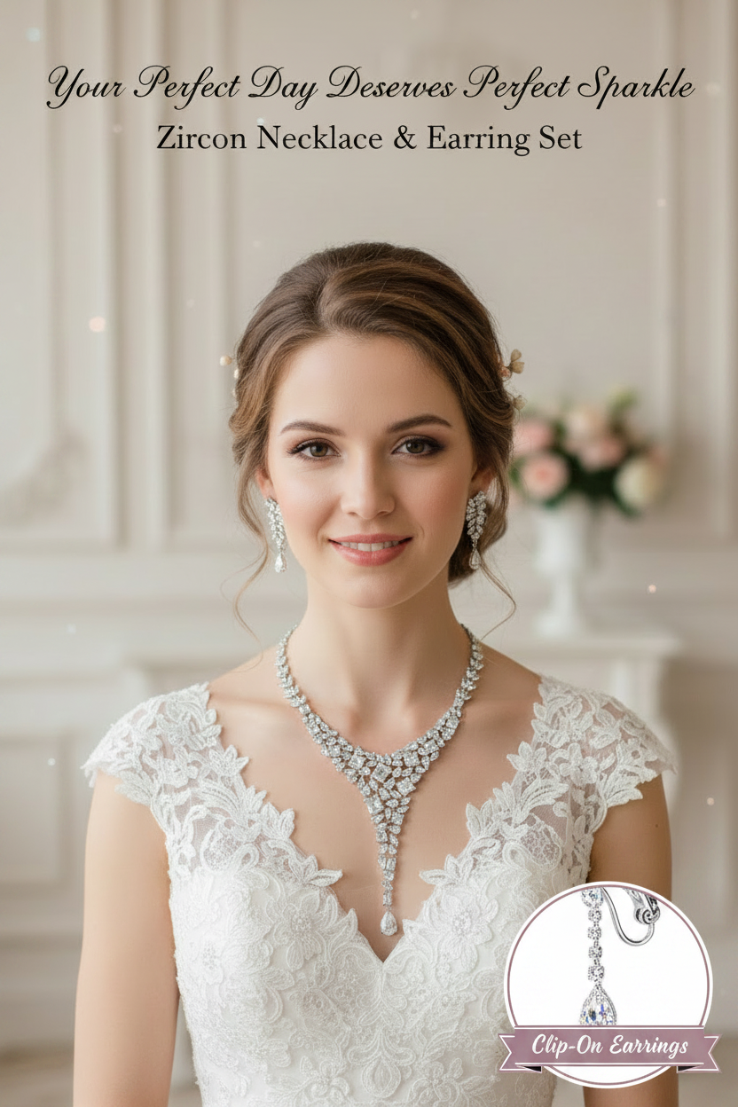 Zircon necklace and clip-on earring set with silver-toned zircon teardrop necklace