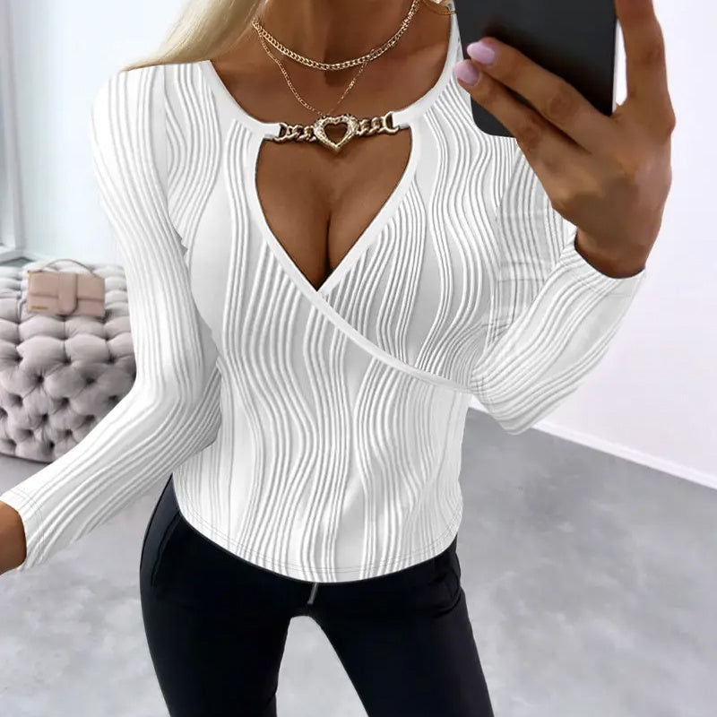 Ladies' Hollowed Out Heart-shaped Chain Decorative Texture Casual Top