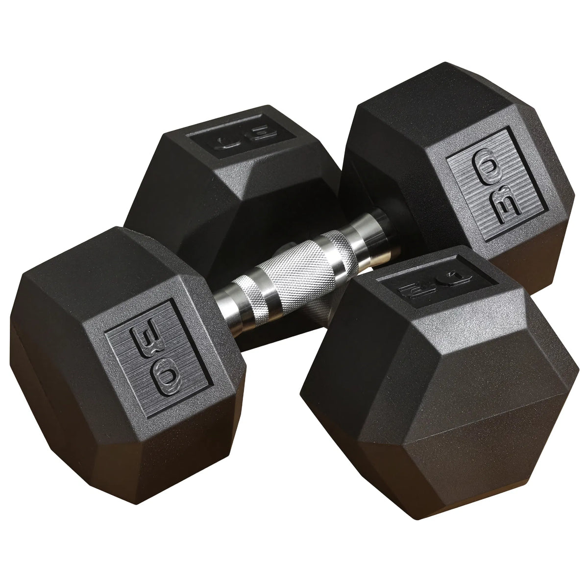 Pair of black rubber hex dumbbells with textured silver knurled handle grips