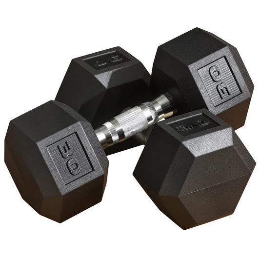 Pair of black rubber hex dumbbells with textured silver knurled handle grips