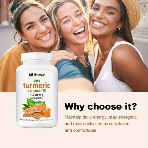 Pure turmeric supplement bottle with 1,000 mg curcumin 95 label, 120 vegetarian capsules
