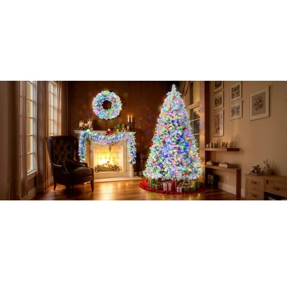 6FT Snow Flocked Christmas Pre Lit Set With Tree Garland Wreath, Artificial Hinged With Colorful LED Lights8 Lighting Modes, Pine Cones