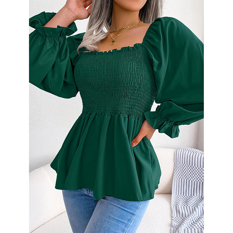 Women's Peplum Tops Square Neck Ruffle Trim Long Sleeve Blouse Smocked Top Dressy Casual Shirts