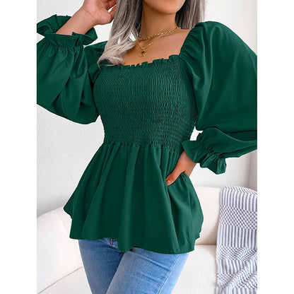 Women's Peplum Tops Square Neck Ruffle Trim Long Sleeve Blouse Smocked Top Dressy Casual Shirts