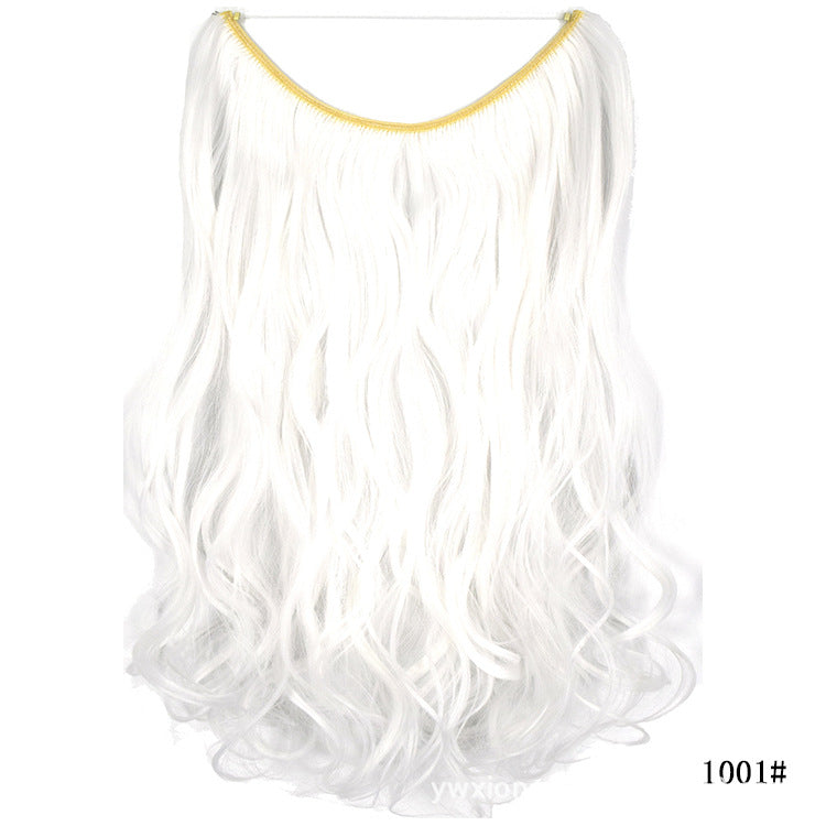 Seamless one-piece hair extension wig in white, long wavy hairpiece