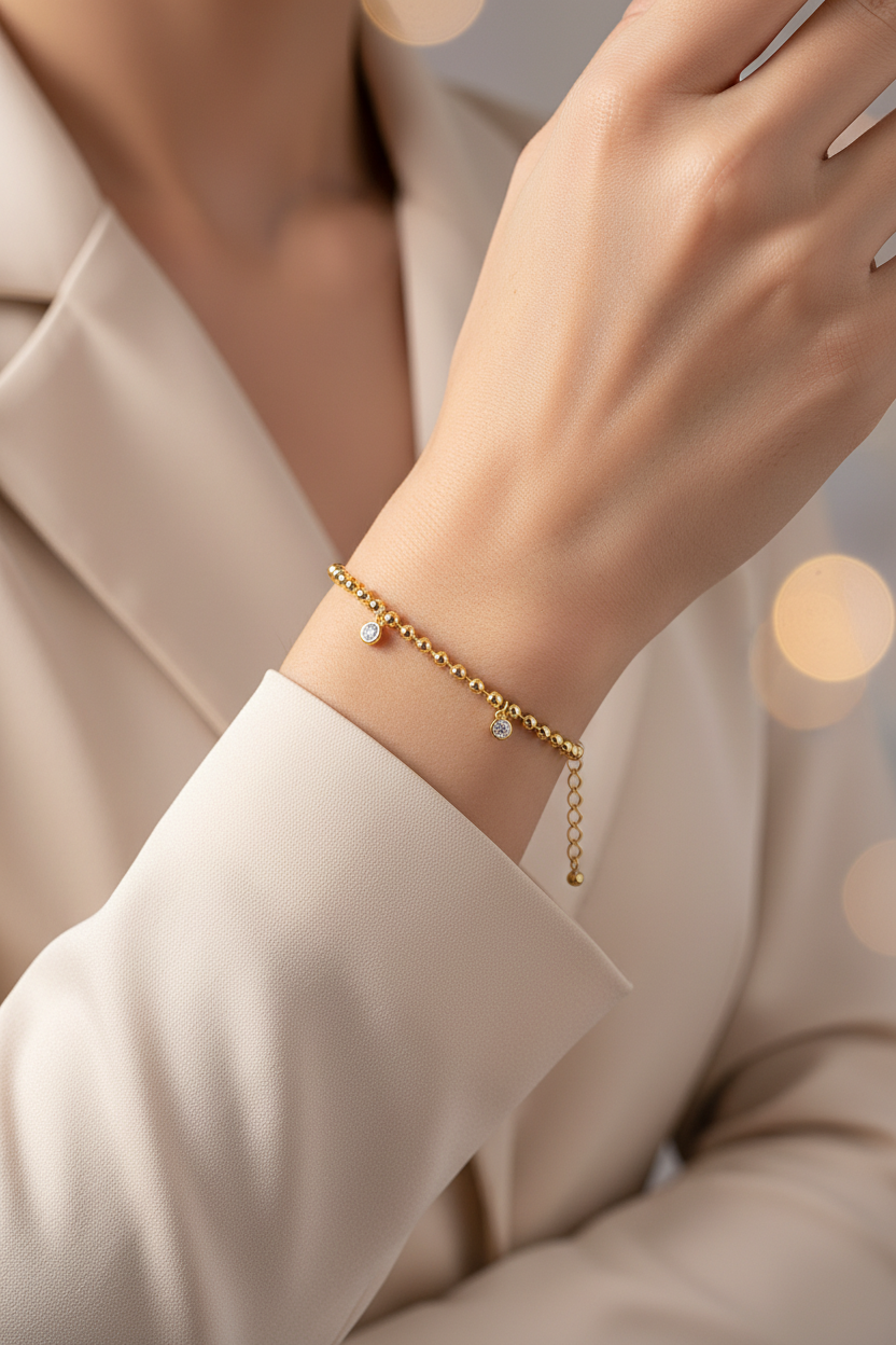 Gold-tone beaded bracelet with round stone charms and short chain tassel