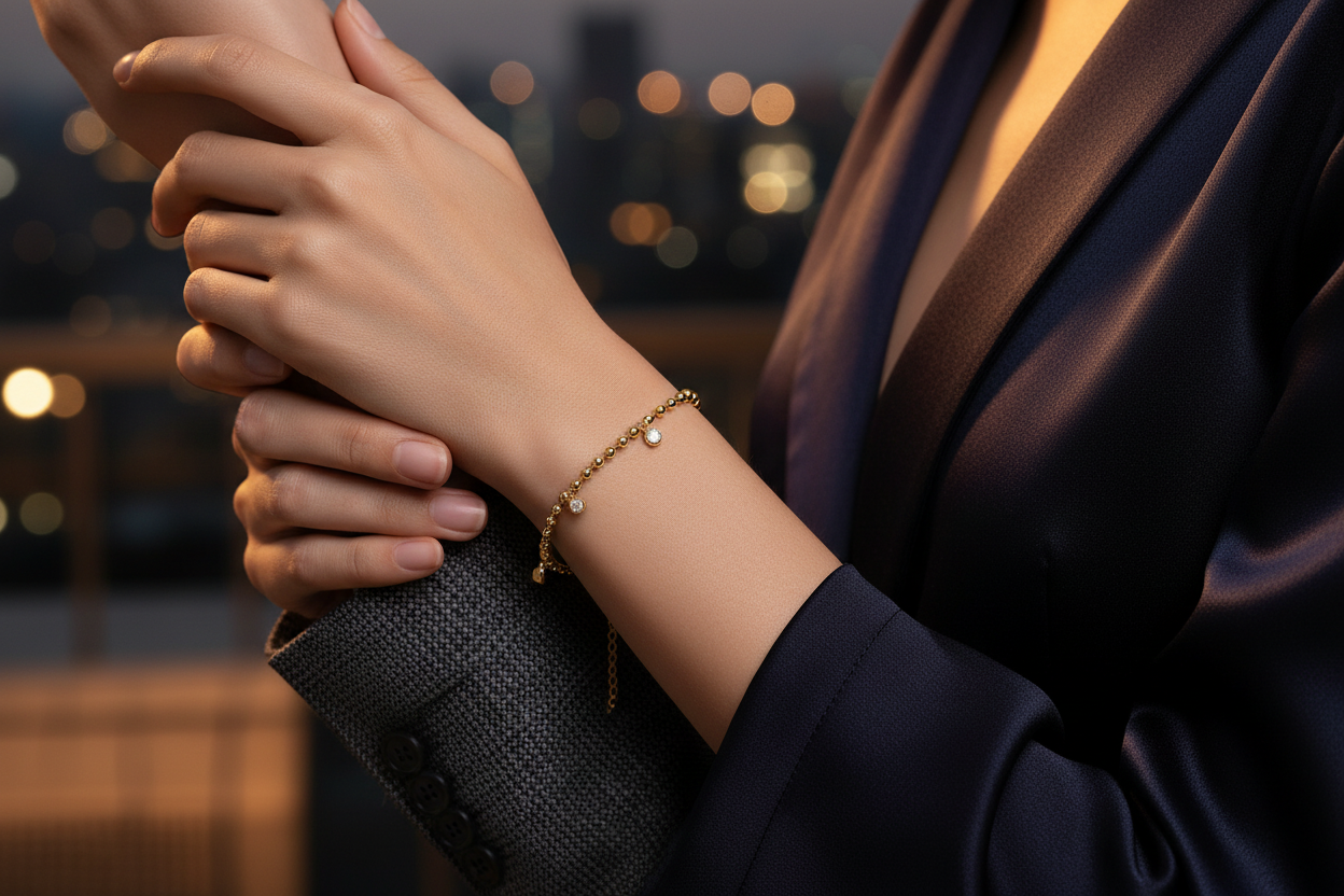 Gold-tone beaded bracelet with small round stones and dangling end on wrist