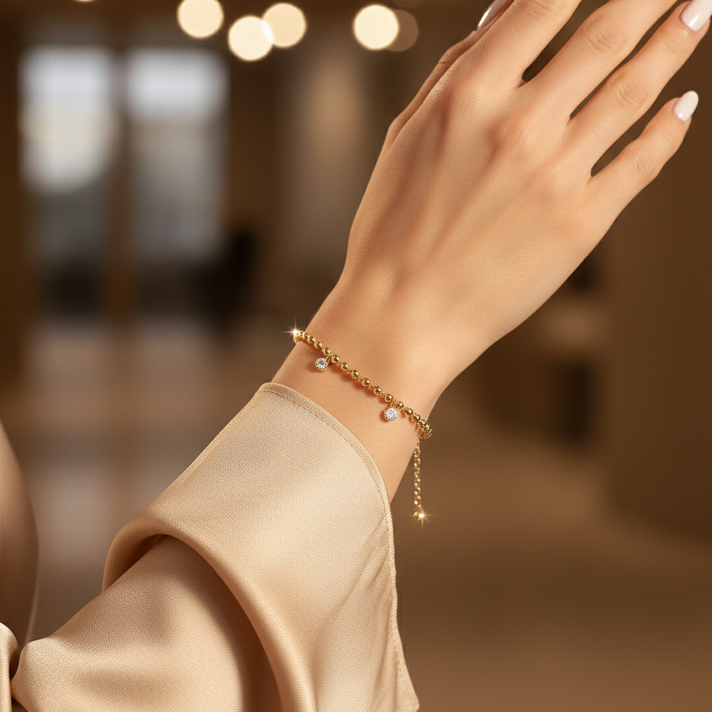 Gold-tone beaded tennis bracelet with round stone centerpiece on wrist