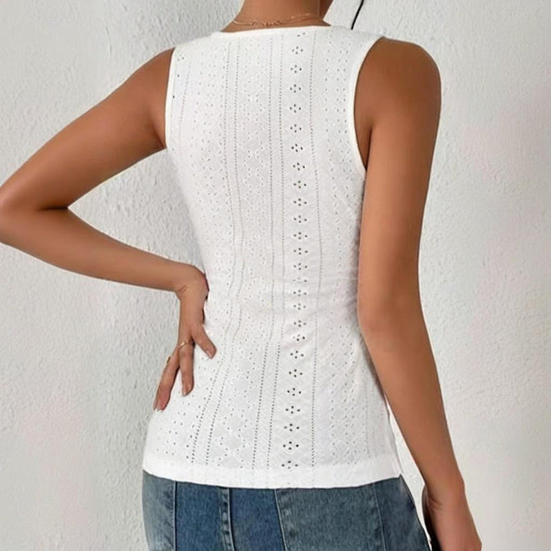 Women's V-Neck Sleeveless Rucked Tank Top Slim Fit Button Detail Casual Tee