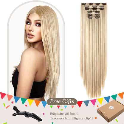 Hold balance Straight Clip In Hair Extensions 24inch For Women, 6PCS Long Soft Synthetic Natural Hairpieces