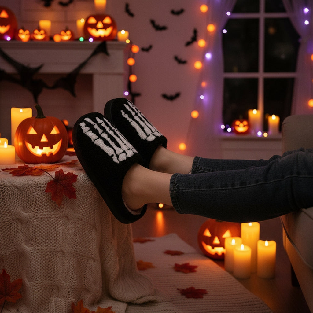 Halloween Skull Cartoon Print  Warm Winter, For Men Women Home Shoes Indoor Cotton Slippers