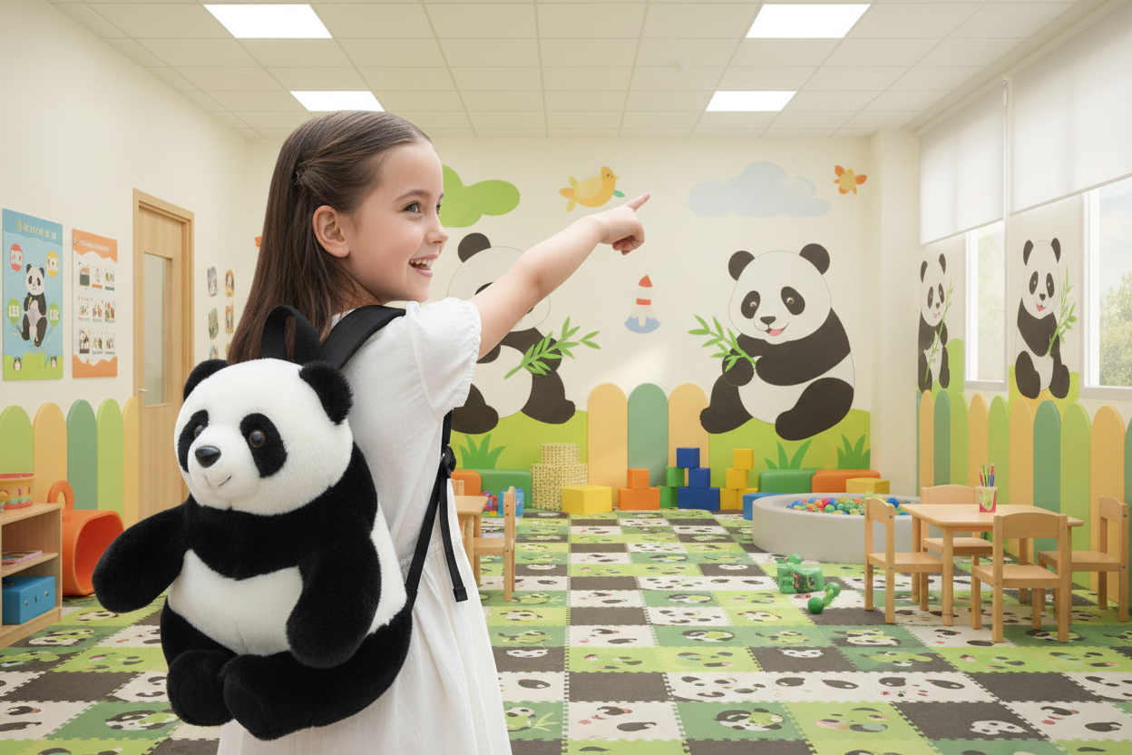 Black-and-white panda plush backpack with front panda face and padded shoulder straps.