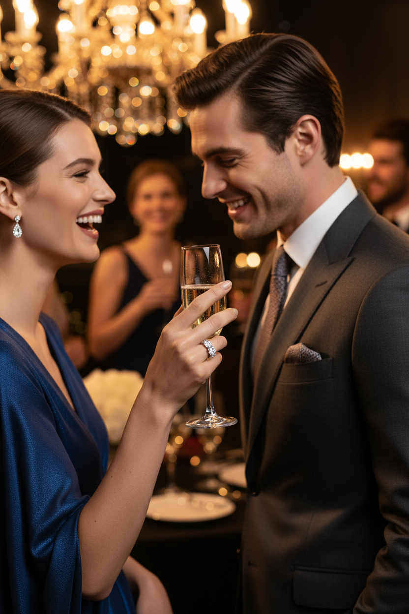 Silver moissanite ring on finger with sparkling band during celebration